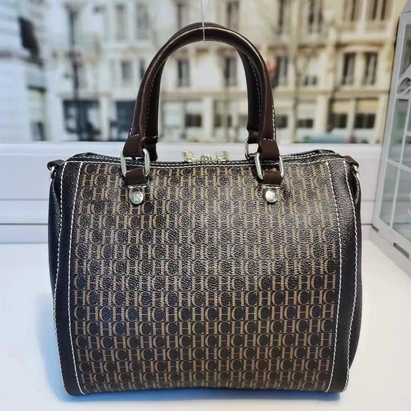 100% Genuine Leather Boston Handbag , Classic CH Printed Messenger Totes