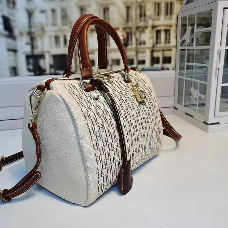 100% Genuine Leather Boston Handbag , Classic CH Printed Messenger Totes