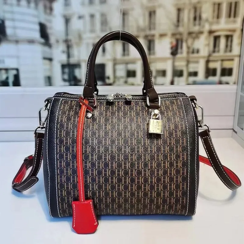100% Genuine Leather Boston Handbag , Classic CH Printed Messenger Totes