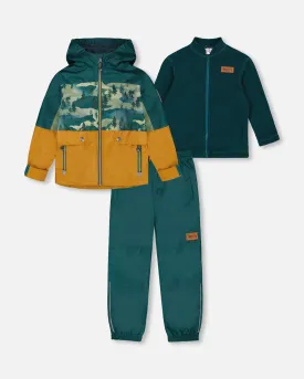 3-In-1 Mid-Season Outerwear Set With Colorblock Jacket Forest Green And Orange