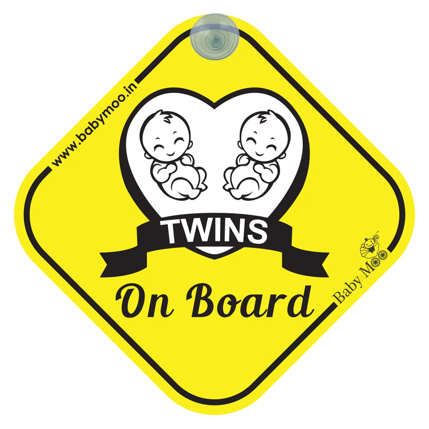 Baby Moo Twins On Board With Vacuum Suction Cup Clip - Yellow