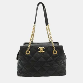 Black Leather Chain Tote Bag