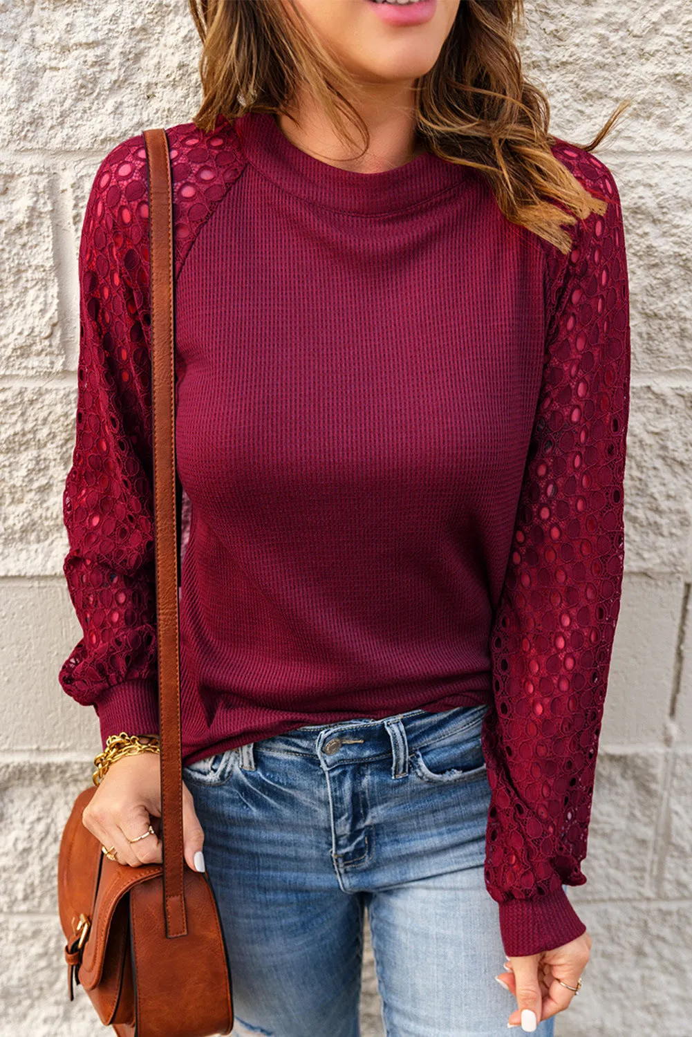 Casual Long Sleeve O-Neck Lace Blouse Top