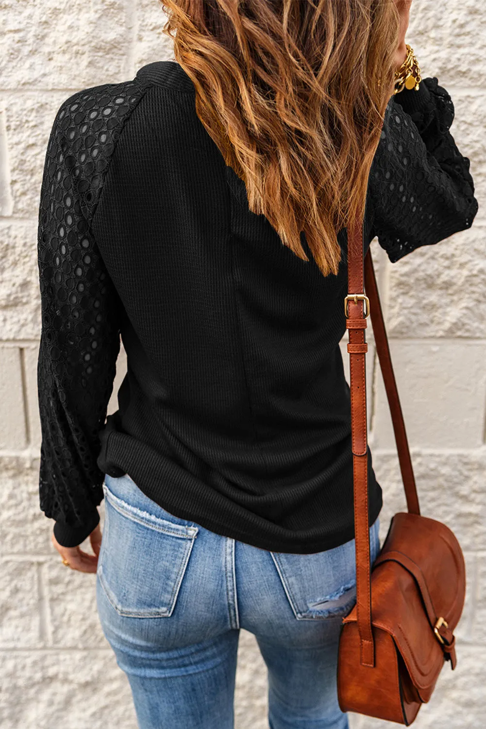 Casual Long Sleeve O-Neck Lace Blouse Top