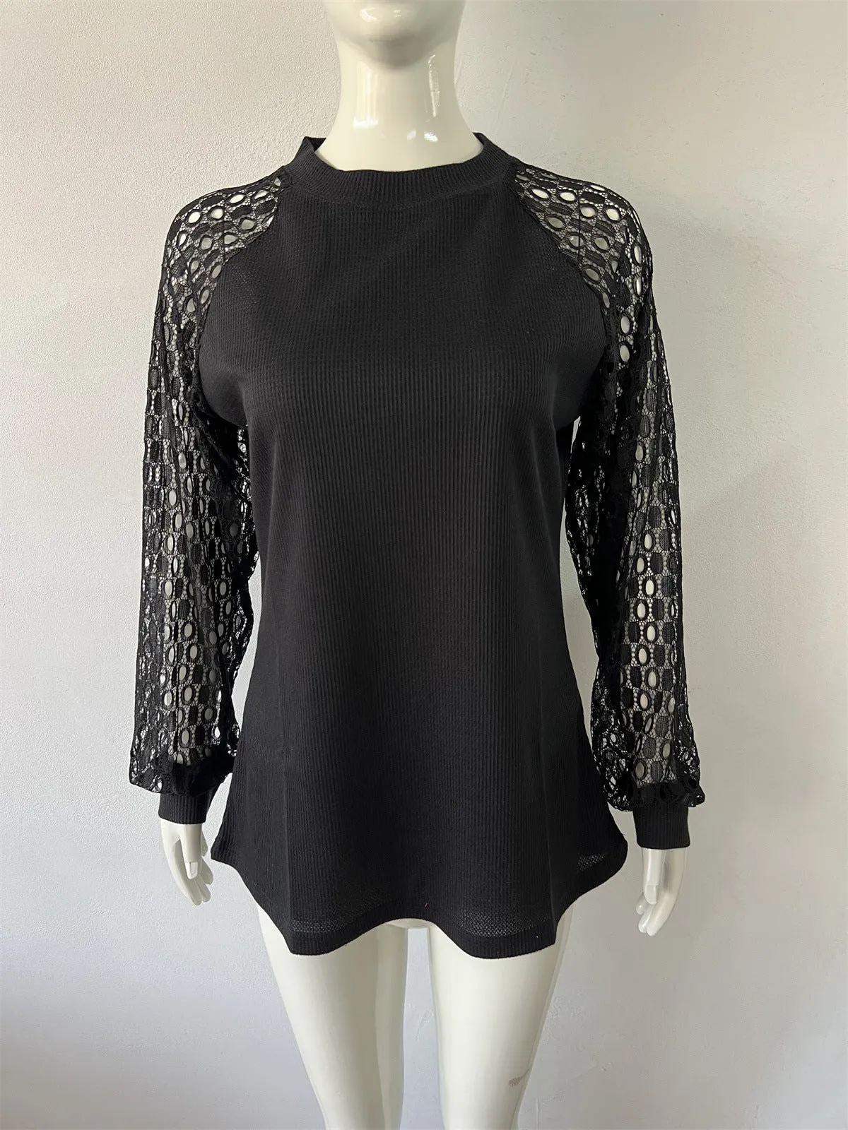 Casual Long Sleeve O-Neck Lace Blouse Top