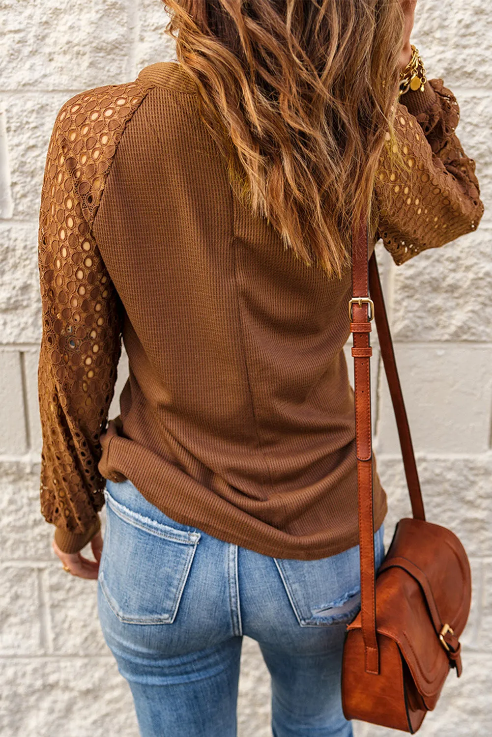 Casual Long Sleeve O-Neck Lace Blouse Top