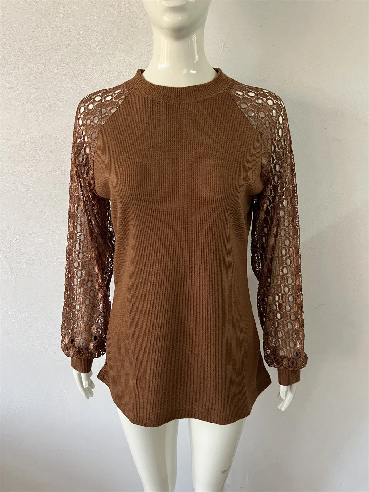 Casual Long Sleeve O-Neck Lace Blouse Top