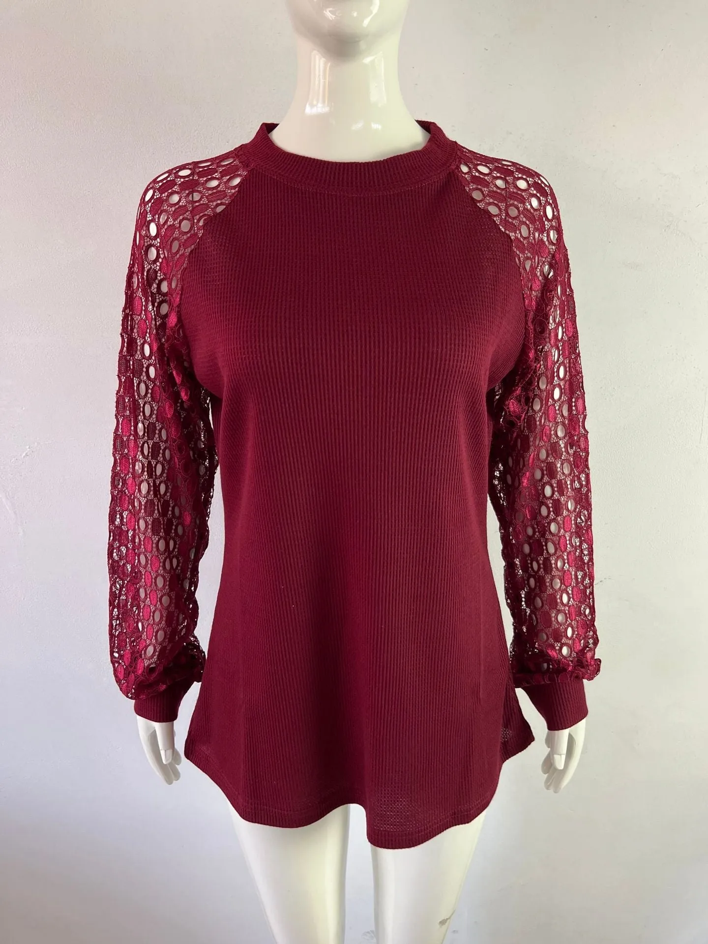 Casual Long Sleeve O-Neck Lace Blouse Top