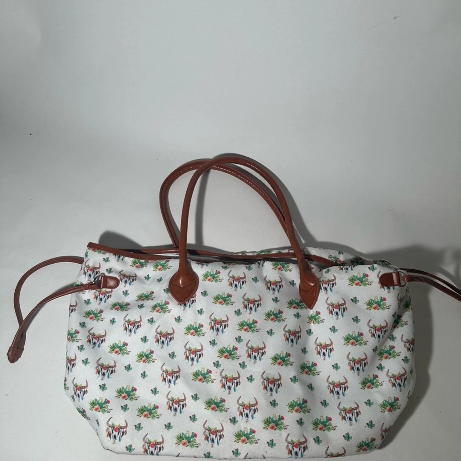 Chic White and Brown Floral Tote with Leather Trim