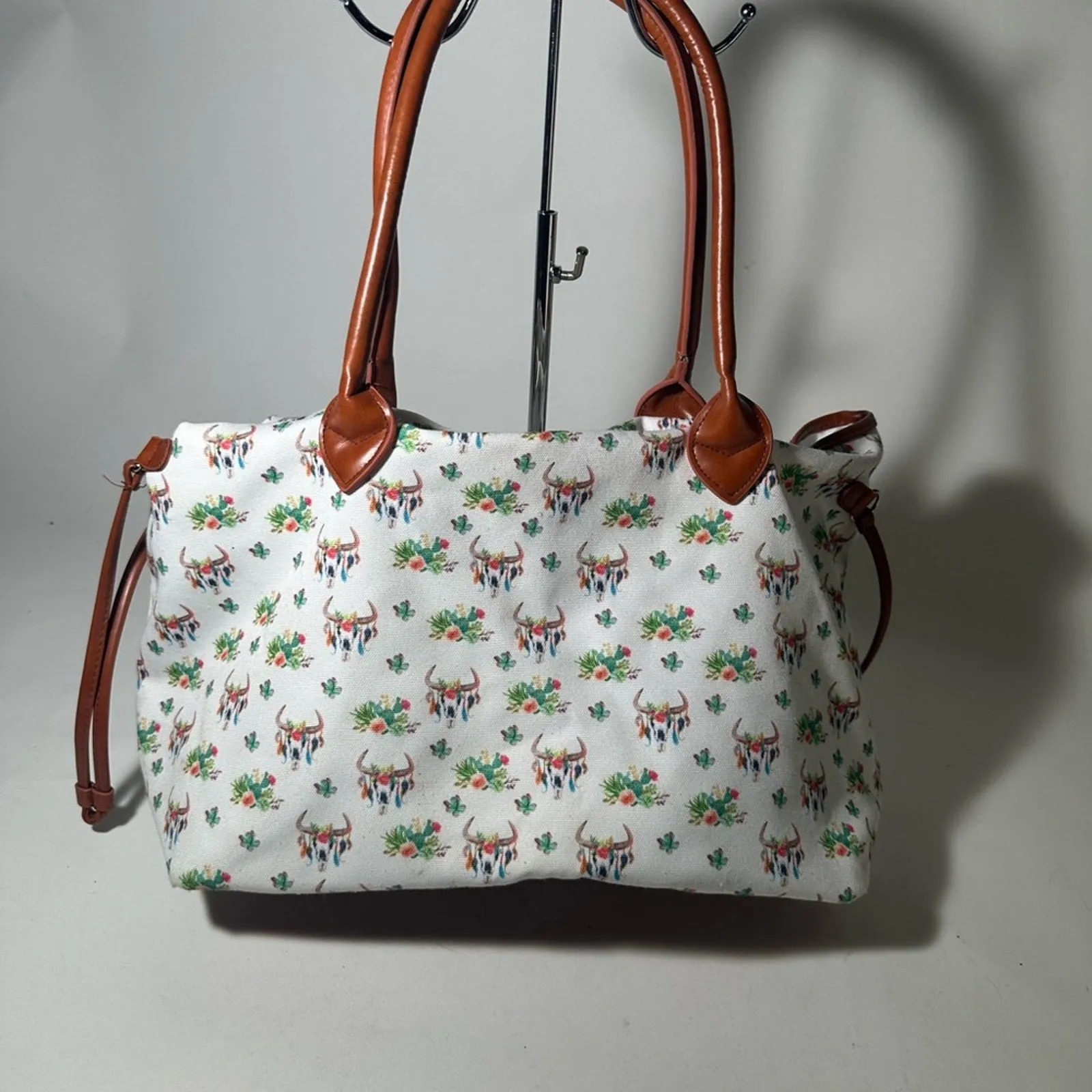 Chic White and Brown Floral Tote with Leather Trim