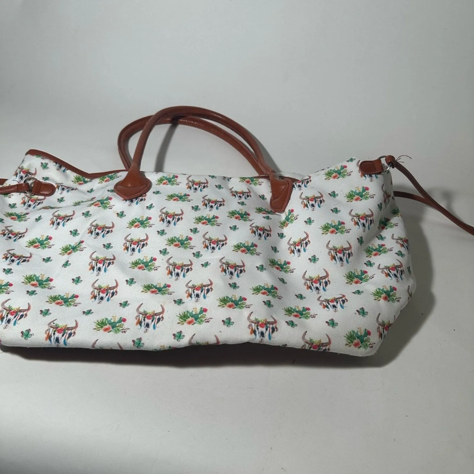 Chic White and Brown Floral Tote with Leather Trim