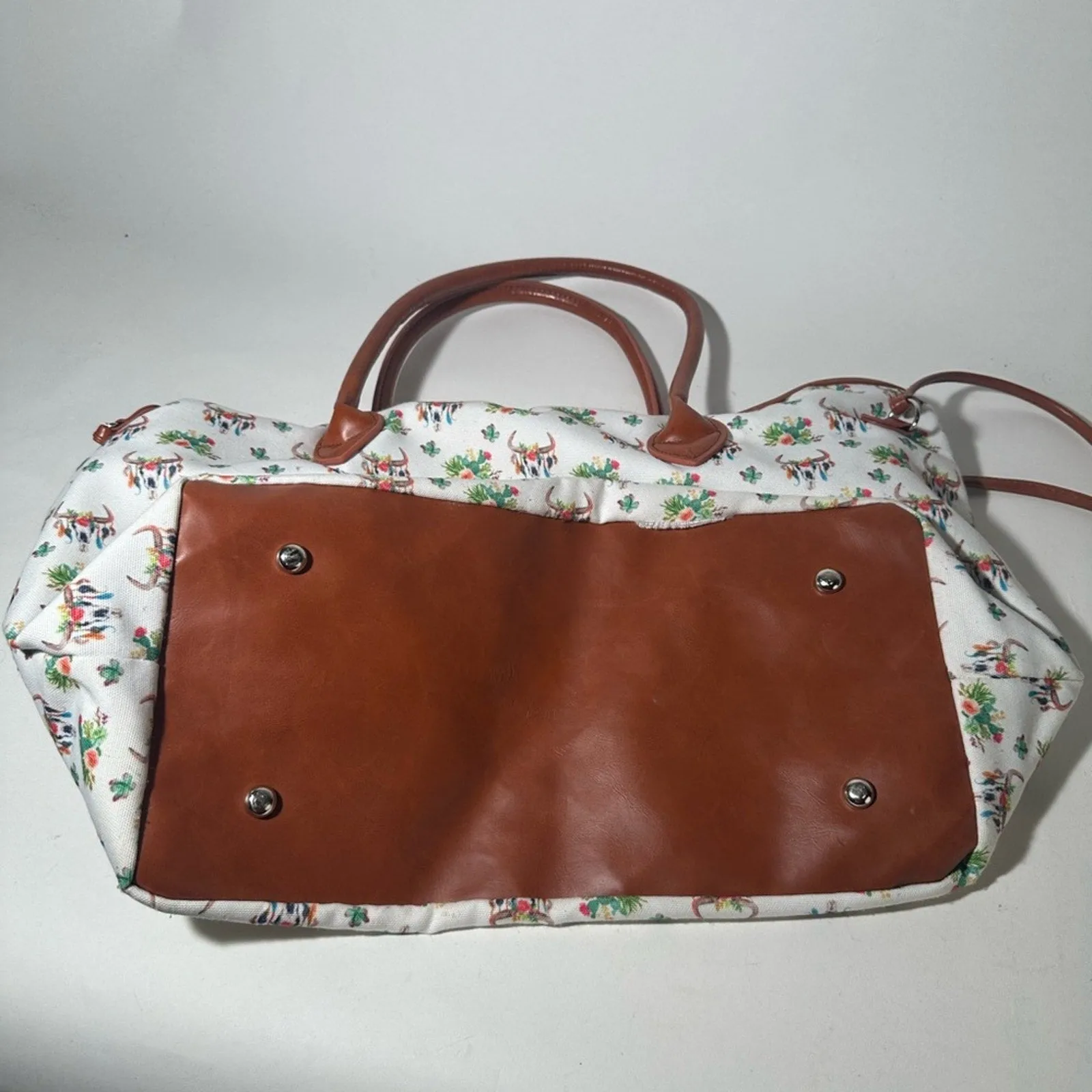Chic White and Brown Floral Tote with Leather Trim
