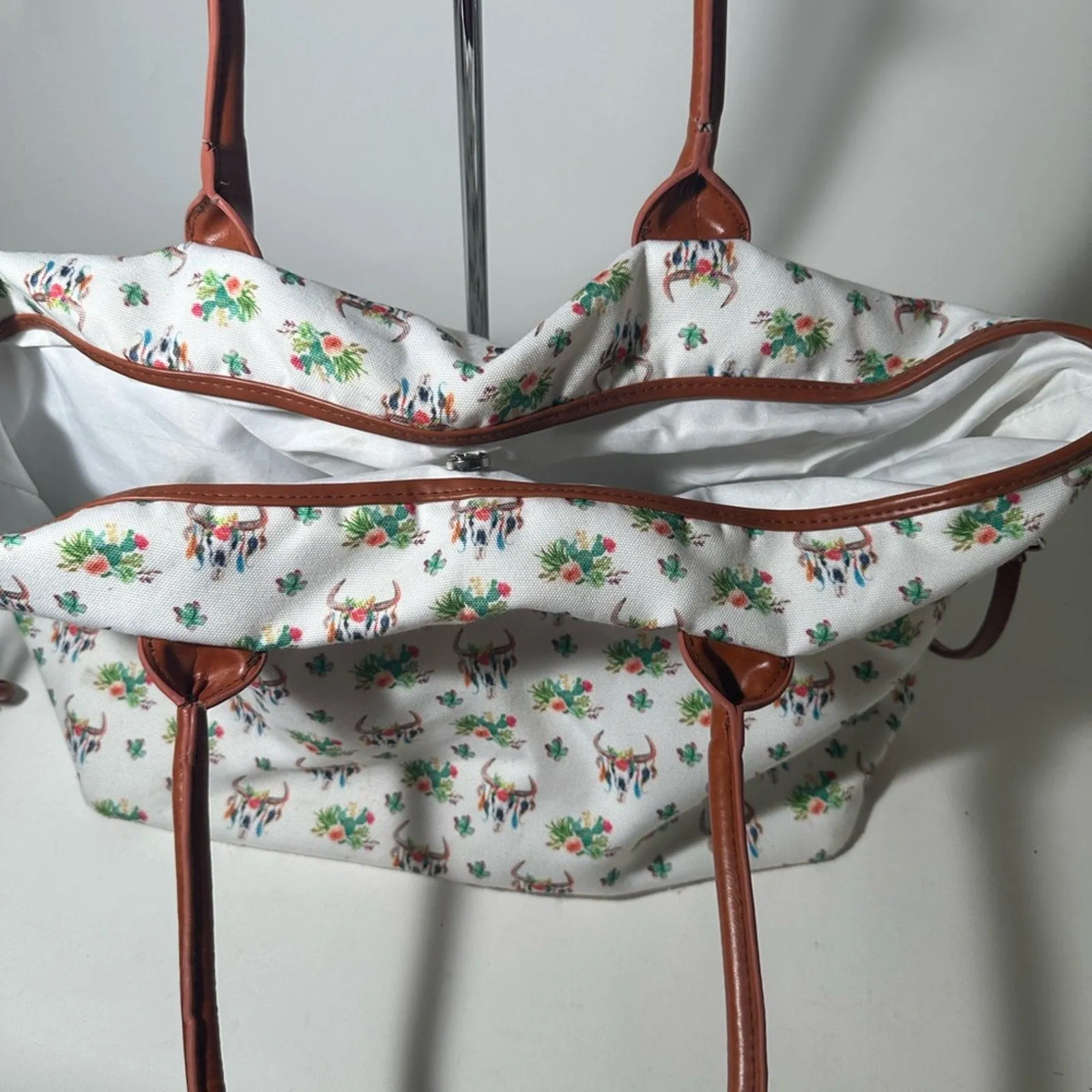 Chic White and Brown Floral Tote with Leather Trim