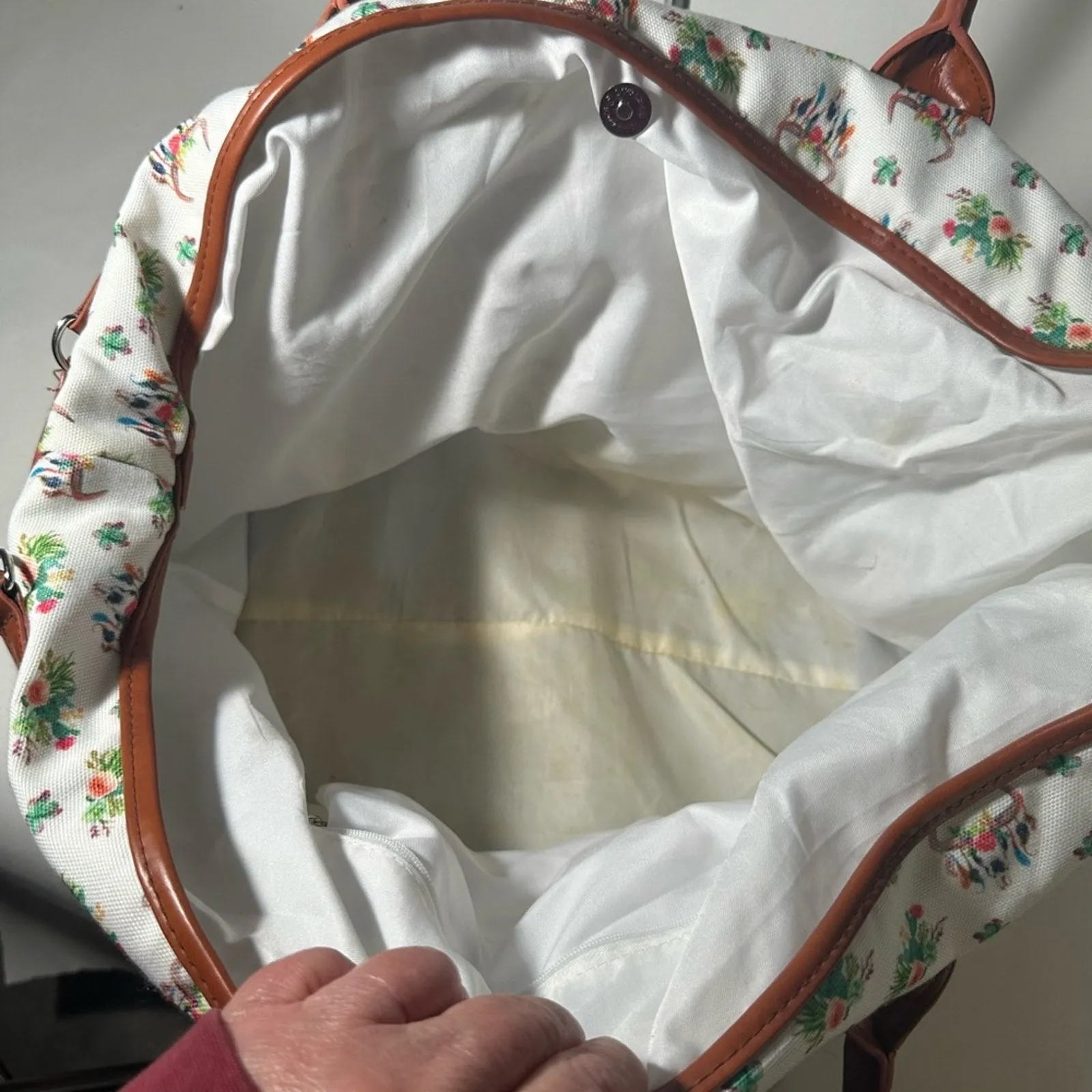 Chic White and Brown Floral Tote with Leather Trim