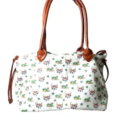 Chic White and Brown Floral Tote with Leather Trim