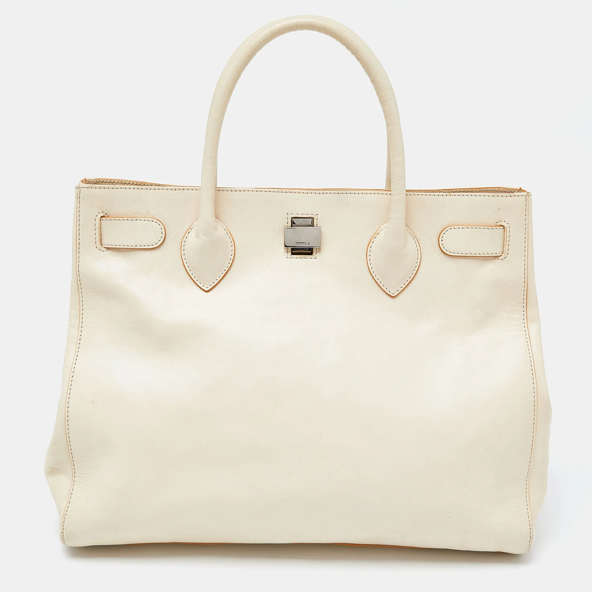 Cream Leather Twist Lock Tote