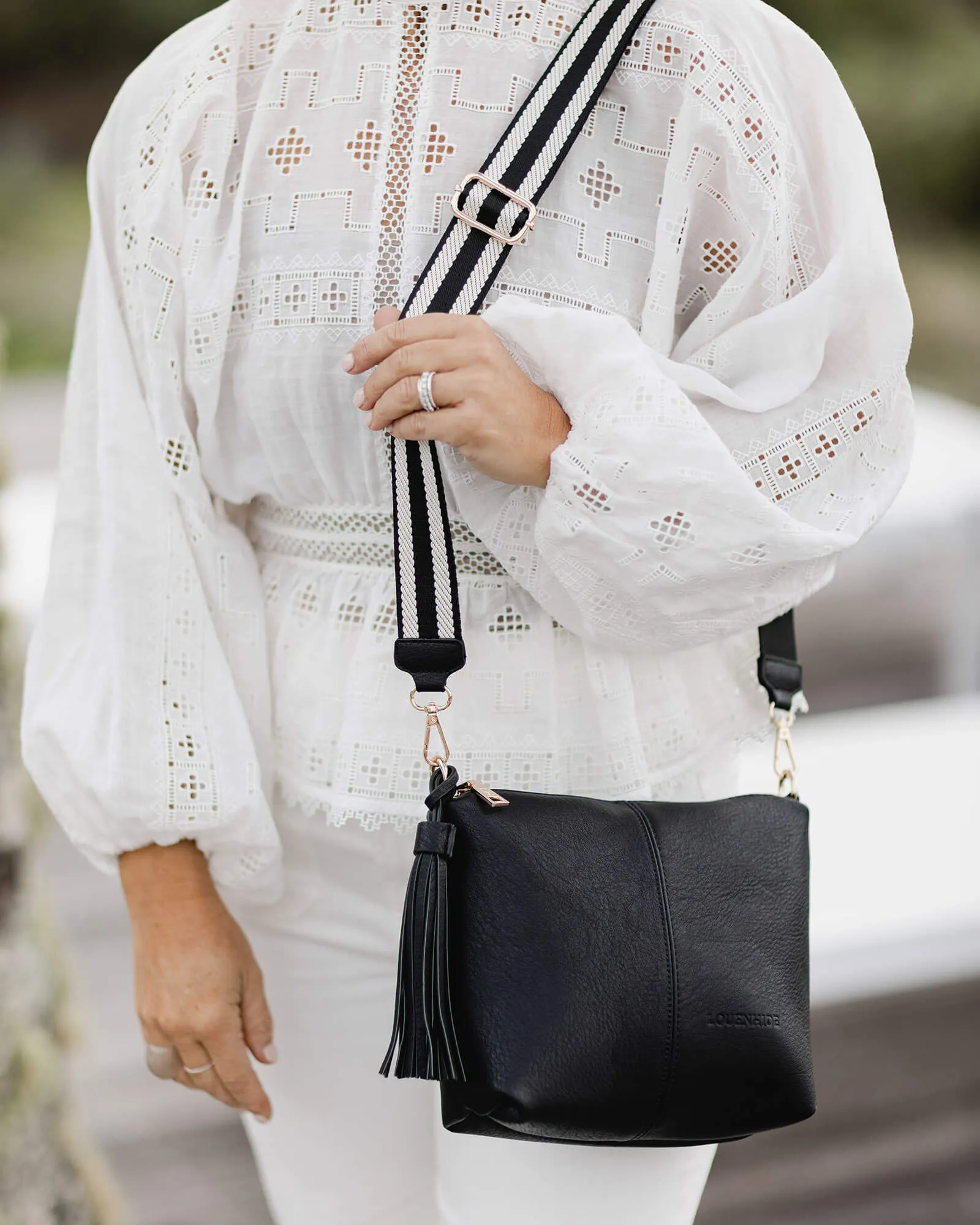 KASEY CROSSBODY BAG BLACK STRIPE GUITAR STRAP