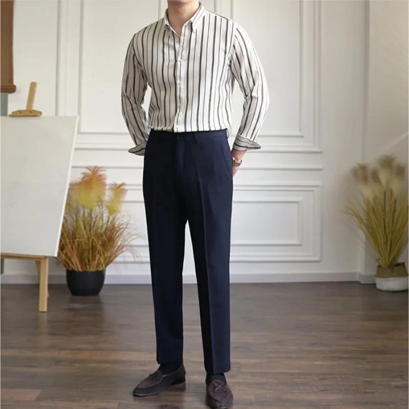 Men's Casual Business Slim Vertical Striped Long Sleeved Shirt
