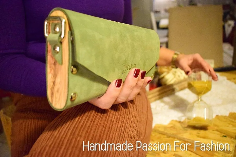 Mint small clutch women bag from leather and wood