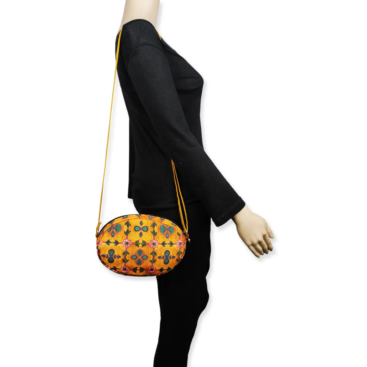 Oval Sling Bag- Mustard pink flower