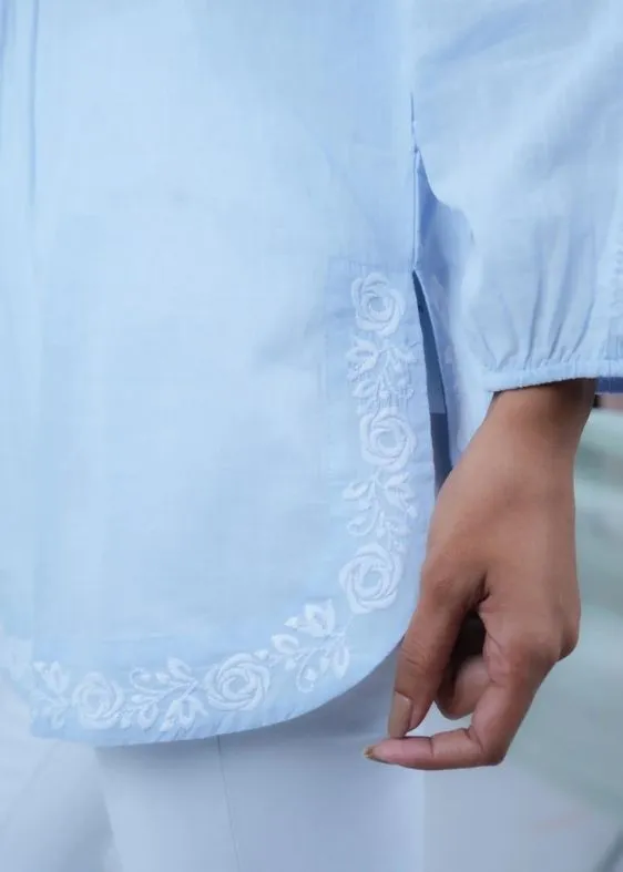 SS 2401 Blue Stripe Embroidered Cotton Top