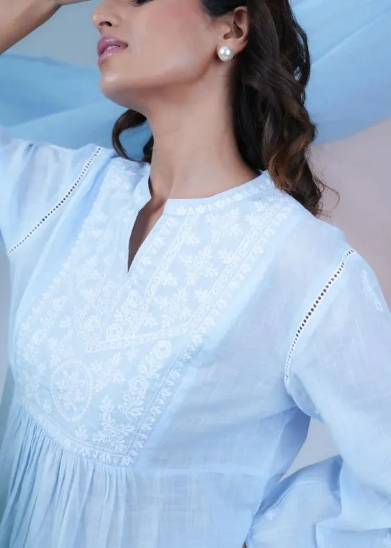 SS 2401 Blue Stripe Embroidered Cotton Top
