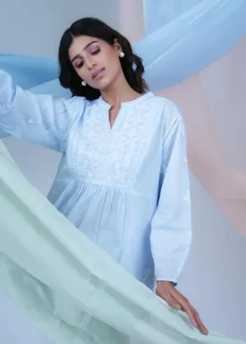 SS 2401 Blue Stripe Embroidered Cotton Top