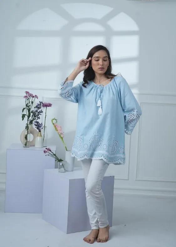 SS 2459 Blue Stripe Embroidered Cotton Top