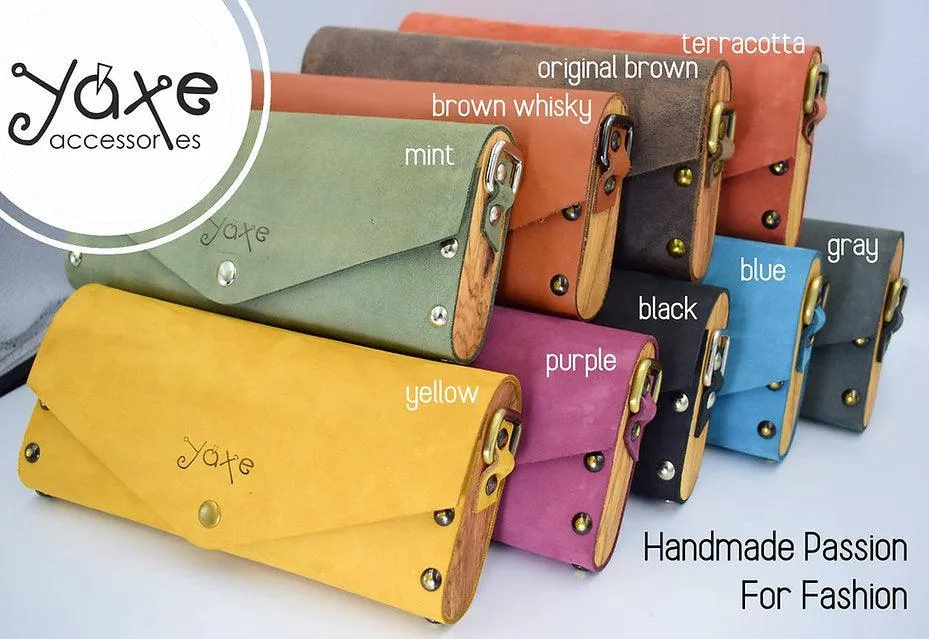 Whisky brown small clutch women bag from leather and wood