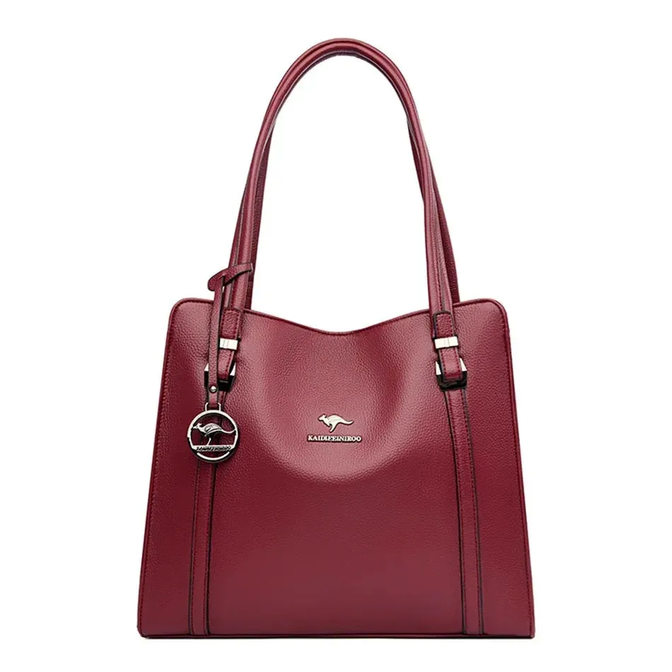 Women's Designer Soft Leather Handbag - 3-Layer Large Capacity Shoulder & Crossbody Tote