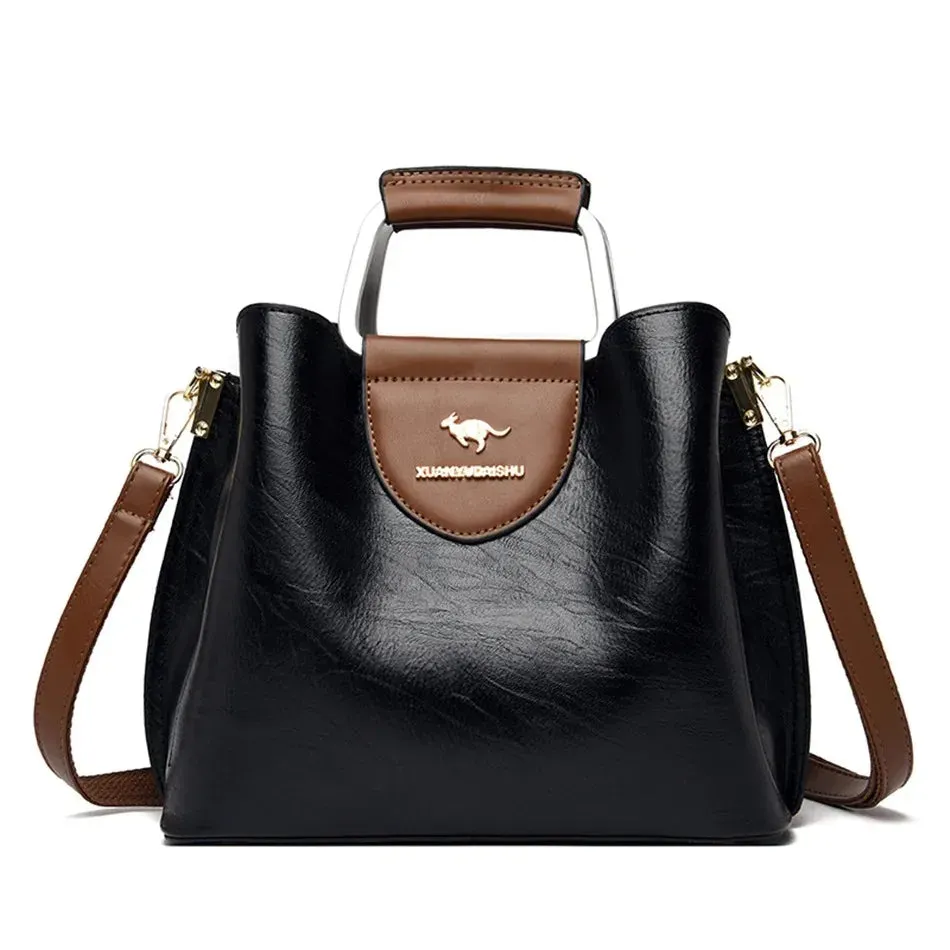 Women's Designer Soft Leather Handbag - 3-Layer Large Capacity Shoulder & Crossbody Tote