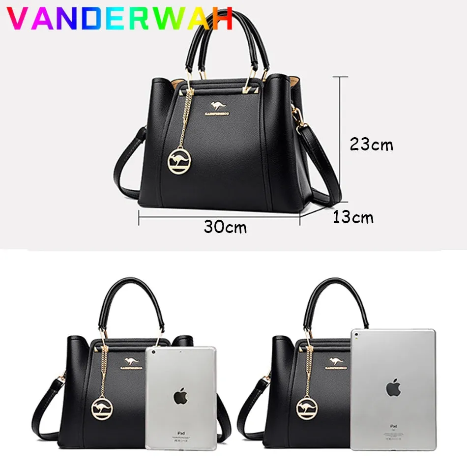 Women's Designer Soft Leather Handbag - 3-Layer Large Capacity Shoulder & Crossbody Tote
