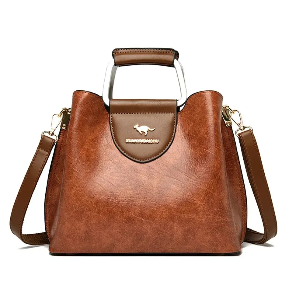 Women's Designer Soft Leather Handbag - 3-Layer Large Capacity Shoulder & Crossbody Tote