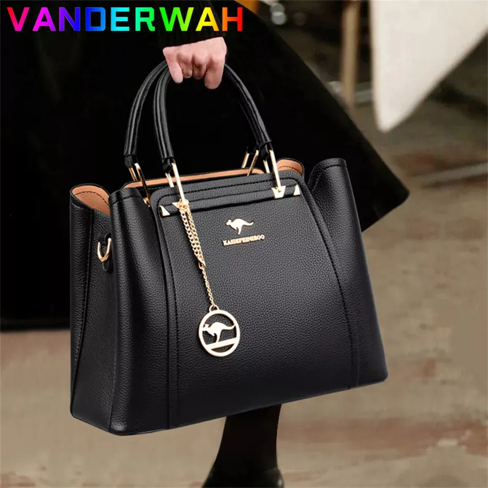 Women's Designer Soft Leather Handbag - 3-Layer Large Capacity Shoulder & Crossbody Tote