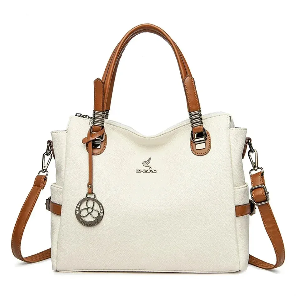 Women's Designer Soft Leather Handbag - 3-Layer Large Capacity Shoulder & Crossbody Tote